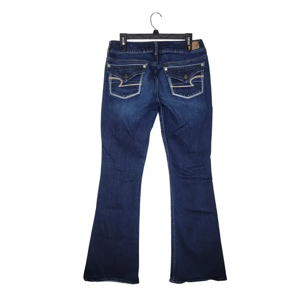 American Eagle Artist Flare Jeans Womens 8 Dark Wash Embroidered Stretch Denim - Picture 4 of 12